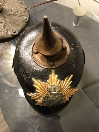 German WW1 Pickelhaube Helmet w Saxon / Saxony Crest w Lining Rare 11