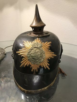 German WW1 Pickelhaube Helmet w Saxon / Saxony Crest w Lining Rare 3