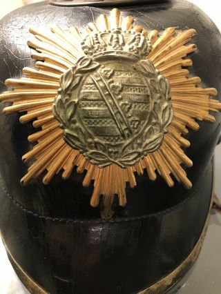 German WW1 Pickelhaube Helmet w Saxon / Saxony Crest w Lining Rare 4
