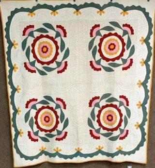 Antique C 1900 4 Block Applique Quilt Red Cheddar Green Swags