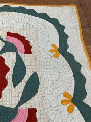 Antique c 1900 4 Block APPLIQUE Quilt RED Cheddar Green Swags 7