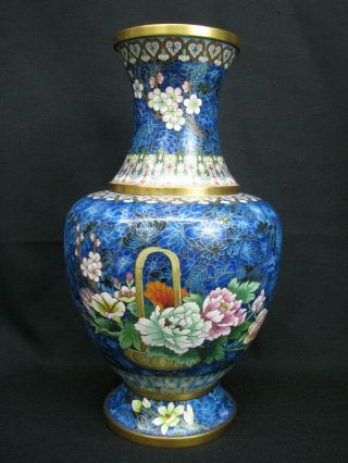 Large Vintage Chinese Cloisonne Enamel On Copper Cobalt Flowers Basket 15 " Vase
