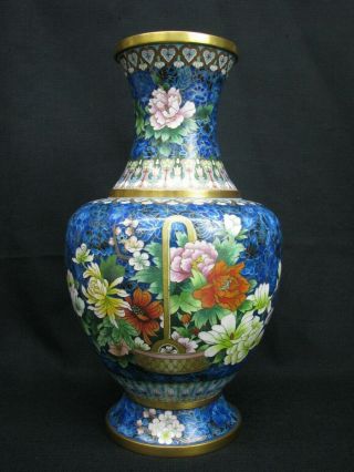 Large Vintage Chinese Cloisonne Enamel on Copper Cobalt Flowers Basket 15 