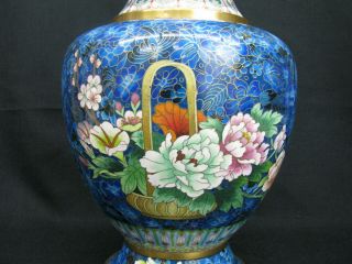 Large Vintage Chinese Cloisonne Enamel on Copper Cobalt Flowers Basket 15 