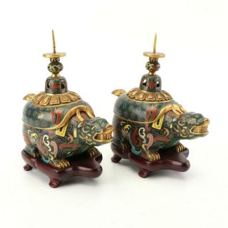 19th/20th C.  Chinese Pair Bixi Cloisonné Censers On Stands