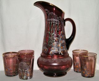 Antique Victorian Hand Painted Amethyst Art Glass Pitcher & (5) Tumblers Purple