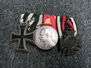 Wwi Imperial German Medal Bar - Iron Cross - Baden Silver Service Medal - Honor Cross