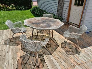 Vintage Mid - Century Modern Woodard Sculptura Patio Set 1950s Wrought Iron Mesh