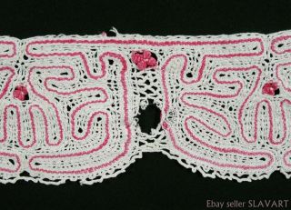 Antique 19th C handmade linen bobbin lace trim Slovak folk art textile European 5