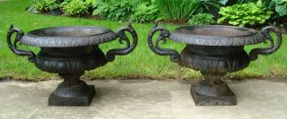 Pair Vintage French Large Antique Old Cast Iron Urn Planter Garden Set 2