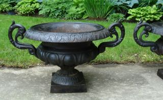 Pair Vintage French LARGE Antique Old CAST IRON Urn Planter Garden SET 2 4