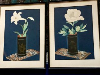 Ohno Bakufu Pair Mid Century Japanese Woodblock Prints Lily Peony In Bamboo Vase