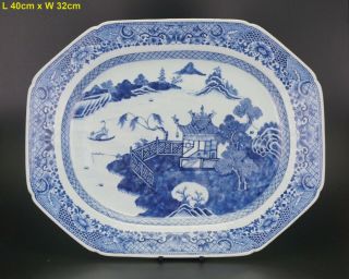 Huge Antique Chinese Blue And White Porcelain Landscape Plate Qianlong 18th C