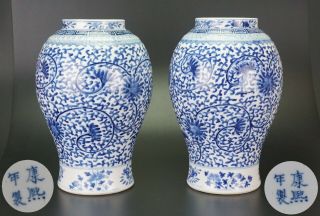 Large Pair Antique Chinese Blue And White Porcelain Vase Kangxi Mark 19th C