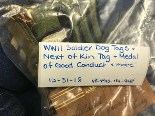 WWII SOLDIER DOG TAGS & NEXT OF KIN TAG,  MEDAL OF GOOD CONDUCT PATCHES & MORE 5