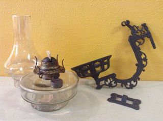 Vintage Antique Clear Glass Oil Lamp W/ Cast Iron Wall Sconce & Bracket