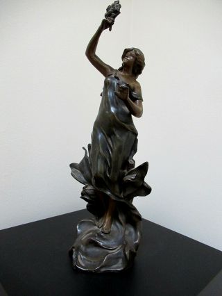 Antique French Art Nouveau Bronzed Spelter Metal Lady Statue By Ruchot - Signed