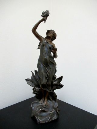 ANTIQUE FRENCH ART NOUVEAU BRONZED SPELTER METAL LADY STATUE by RUCHOT - SIGNED 2