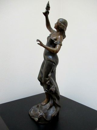 ANTIQUE FRENCH ART NOUVEAU BRONZED SPELTER METAL LADY STATUE by RUCHOT - SIGNED 7