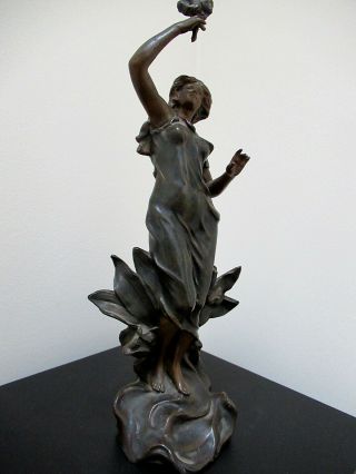 ANTIQUE FRENCH ART NOUVEAU BRONZED SPELTER METAL LADY STATUE by RUCHOT - SIGNED 8