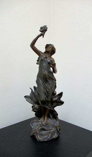 ANTIQUE FRENCH ART NOUVEAU BRONZED SPELTER METAL LADY STATUE by RUCHOT - SIGNED 9