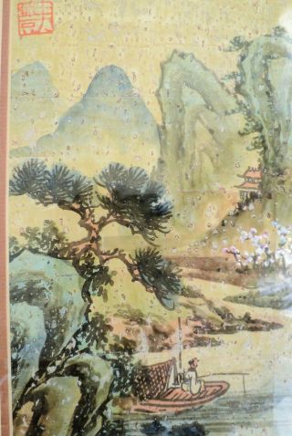 2 Vtg Signed Watercolor Painting On Bark Paper Landscape Framed Chinese