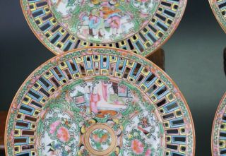 RARE SET 4 Antique Chinese Canton Famille Rose Porcelain Plate with Pierced Rim 3