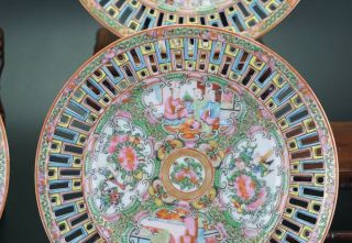 RARE SET 4 Antique Chinese Canton Famille Rose Porcelain Plate with Pierced Rim 4