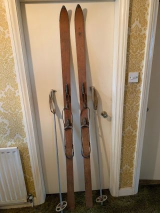 Rare Vintage Wooden Skis And Poles