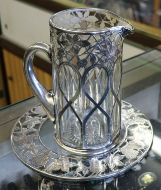 Vintage Sterling Silver Overlay Glass Pitcher And Plate