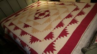 Antique Patchwork Quilt,  Red,  Tan & Cream Hand - Quilted,  71 " X74 ",