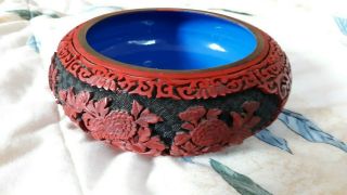 Vintage Chinese Cinnabar Lacquer Red Over Black Bowl Blue Enamel