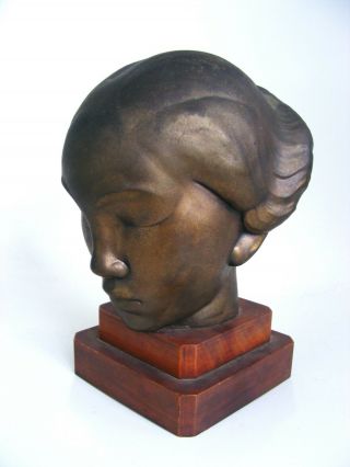 Antique 1920s Art Deco FRANKART Bronze Clad Bust of a Young Lady 7