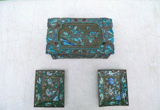 Antique c1900 Asian Chinese Enamel SMOKING SET Cigarette Box & Ashtrays 3