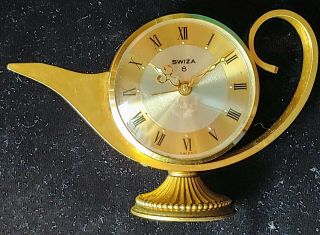 Vintage Brass Swiza 8 Days Alarm Clock Tea Kettle Shaped Swiss Made