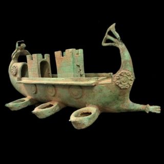 ROMAN ANCIENT BRONZE 6 SPOUTED SHIP OIL LAMP - 200 - 400 AD (5) LARGE 42 Cm LONG 3