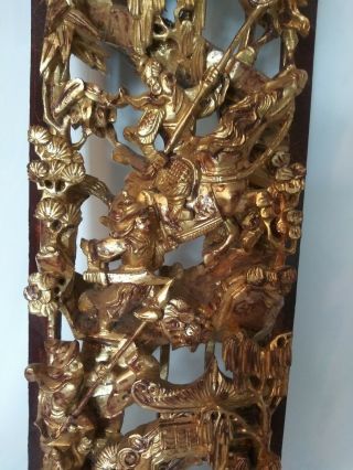 Antique Asian Chinese warriors horses Deepl Carved Gilt Gold Wood Panel Carving 10