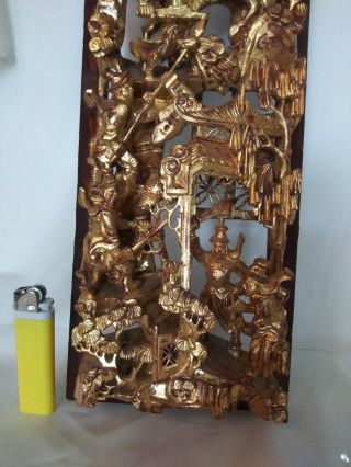 Antique Asian Chinese warriors horses Deepl Carved Gilt Gold Wood Panel Carving 11