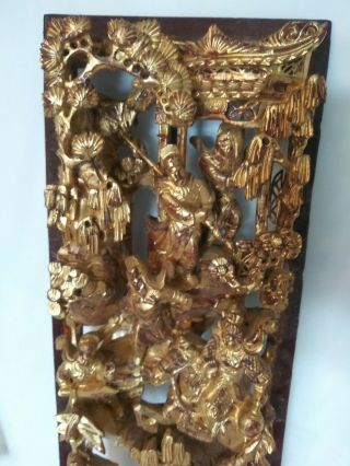 Antique Asian Chinese Warriors Horses Deepl Carved Gilt Gold Wood Panel Carving