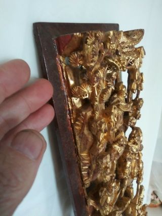 Antique Asian Chinese warriors horses Deepl Carved Gilt Gold Wood Panel Carving 3