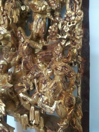 Antique Asian Chinese warriors horses Deepl Carved Gilt Gold Wood Panel Carving 5