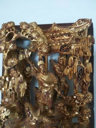 Antique Asian Chinese warriors horses Deepl Carved Gilt Gold Wood Panel Carving 6