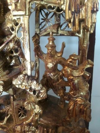 Antique Asian Chinese warriors horses Deepl Carved Gilt Gold Wood Panel Carving 8