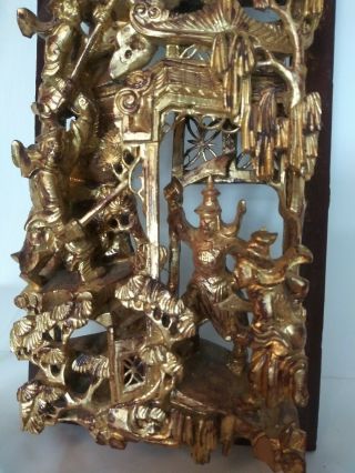 Antique Asian Chinese warriors horses Deepl Carved Gilt Gold Wood Panel Carving 9