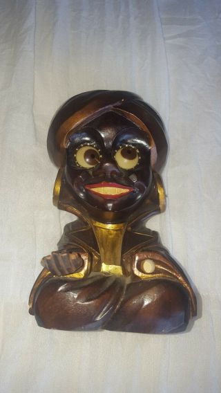 Early Colorful Germany Oswald Clock Rolling Eyes Carved Wood Genie Or Swami