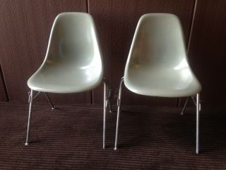 Pair—original Eames Herman Miller Sea Foam Fiberglass Stacking Shell Chairs