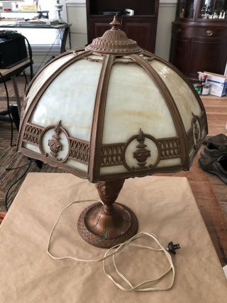 Antique Table Lamp With Carmel Slag Glass,  Cupid Base And Ornate Shade