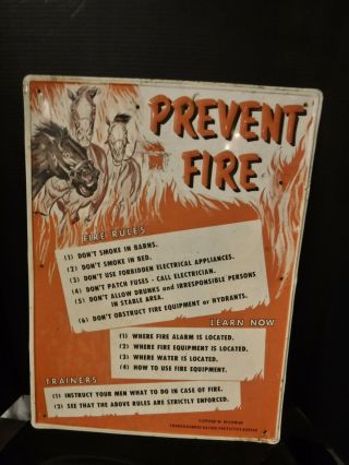 Vintage Prevent Fires Tin Sign Horse Barn Thoroughbred Racing Embossed 24x17.  5