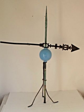 Antique Lightning Rod With Ornate Arrow And Blue Glass Ball