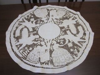 ANTIQUE HAND EMBROIDERED ROUND CRINOLINE LADIES AND GENTS TABLECLOTH 2